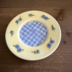 NWT Ashley Collection Small Candle  Jar Vintage Blue Floral & Plaid Yellow Blue